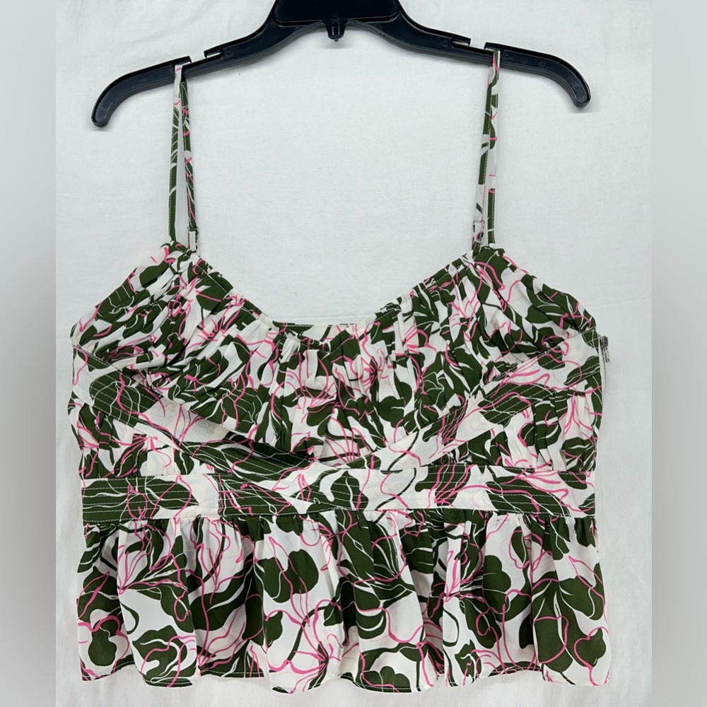 Parker Women Tropical Front Keyhole Peplum Cami Cropped Tank Green Pink Size 12